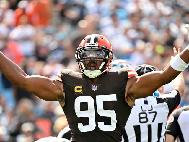 CHARLOTTE, NORTH CAROLINA - SEPTEMBER 11: Myles Garrett #95 of the Cleveland Browns reacts after sacking Baker Mayfield #6 of the Carolina Panthers (not pictured) during the third quarter at Bank of America Stadium on September 11, 2022 in Charlotte, North Carolina.