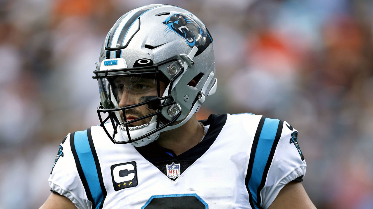CHARLOTTE, NORTH CAROLINA - SEPTEMBER 11: Quarterback Baker Mayfield #6 of the Carolina Panthers looks on during the fourth quarter of their game against the Cleveland Browns at Bank of America Stadium on September 11, 2022 in Charlotte, North Carolina.