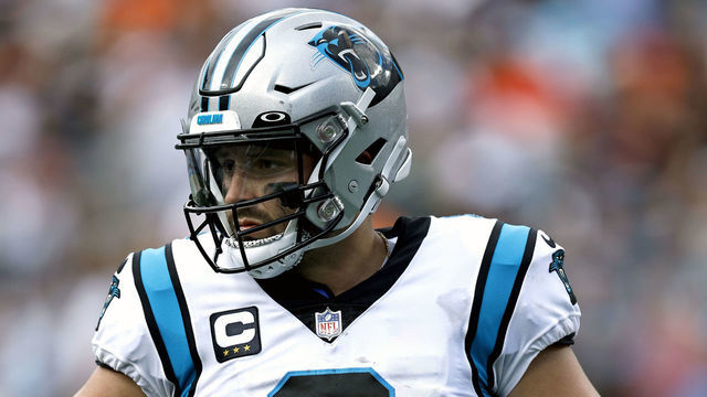 CHARLOTTE, NORTH CAROLINA - SEPTEMBER 11: Quarterback Baker Mayfield #6 of the Carolina Panthers looks on during the fourth quarter of their game against the Cleveland Browns at Bank of America Stadium on September 11, 2022 in Charlotte, North Carolina.