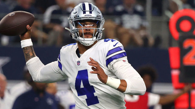 ARLINGTON, TEXAS - SEPTEMBER 11: Dak Prescott #4 of the Dallas Cowboys makes a pass against the Tampa Bay Buccaneers during the second half at AT&T Stadium on September 11, 2022 in Arlington, Texas.