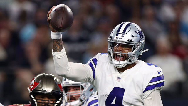ARLINGTON, TEXAS - SEPTEMBER 11: Dak Prescott #4 of the Dallas Cowboys throws against the Tampa Bay Buccaneers during the first half at AT&T Stadium on September 11, 2022 in Arlington, Texas.