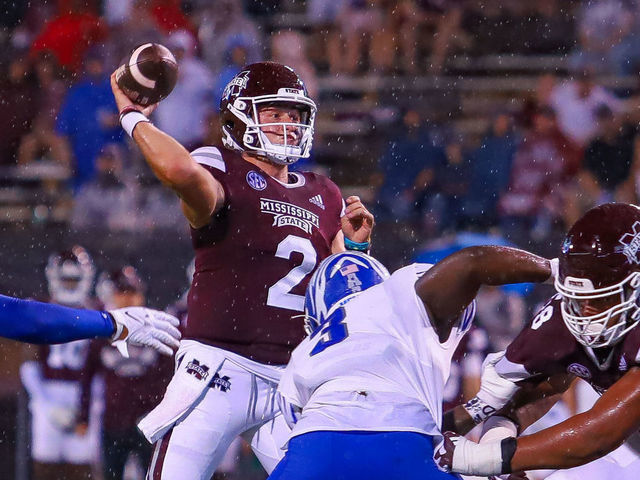 STARKVILLE, MS - SEPTEMBER 03: Mississippi State Bulldogs quarterback Will Rogers (2) fires a pass during the game between the Mississippi State Bulldogs and the Memphis Tigers on September 3, 2022 at Davis Wade Stadium in Starkville, MS,