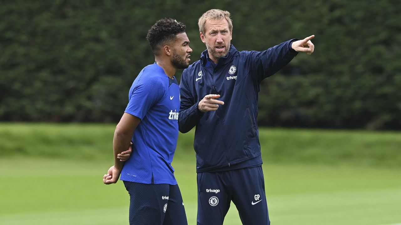 COBHAM, ENGLAND - SEPTEMBER 09: Reece James and Head Coach Graham Potter of Chelsea during a training session at Chelsea Training Ground on September 9, 2022 in Cobham, United Kingdom.