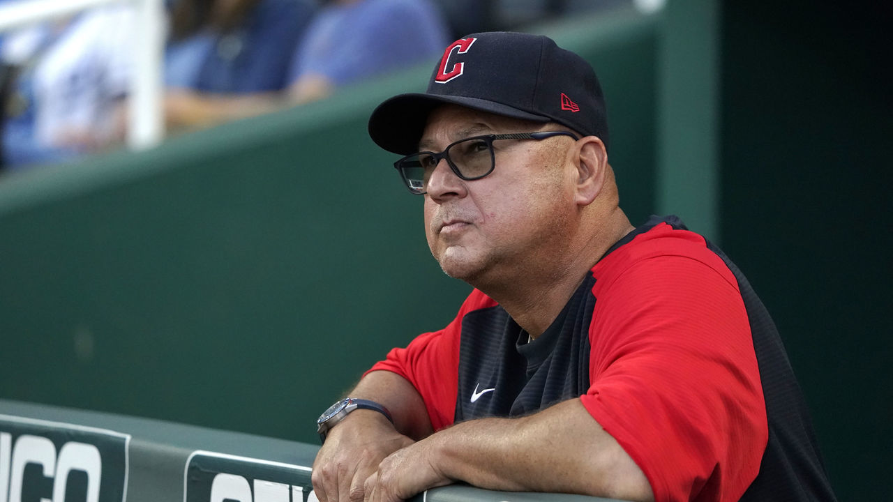 KANSAS CITY, MISSOURI - SEPTEMBER 05: Manager Terry Francona #77 of the Cleveland Guardians watches from the dugout during a game against the Kansas City Royals at Kauffman Stadium on September 05, 2022 in Kansas City, Missouri.