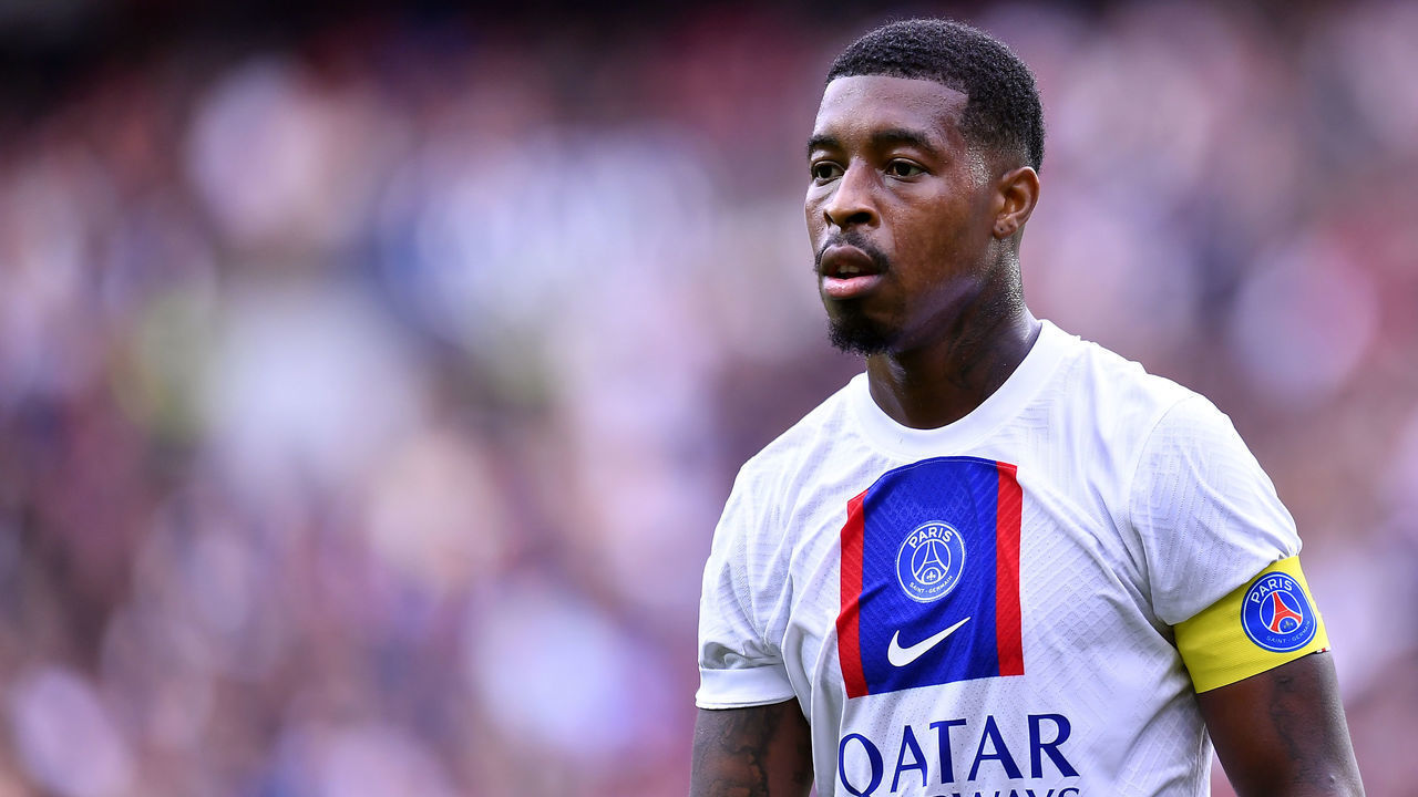 PARIS, FRANCE - SEPTEMBER 10: Presnel Kimpembe of Paris Saint-Germain looks on during the Ligue 1 match between Paris Saint-Germain and Stade Brest at Parc des Princes on September 10, 2022 in Paris, France.