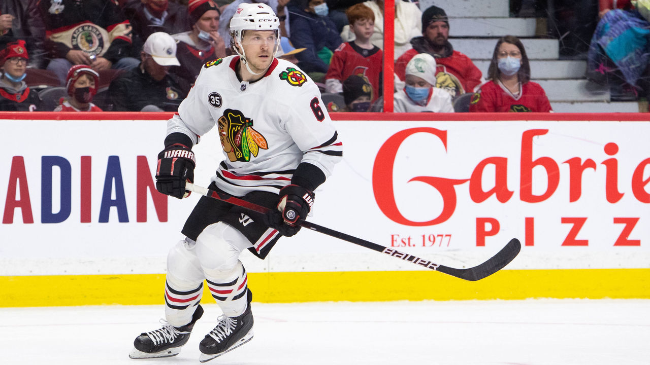 OTTAWA, ON - MARCH 12: Jake McCabe #6 of the Chicago Blackhawks skates against the Ottawa Senators at Canadian Tire Centre on March 12, 2022.