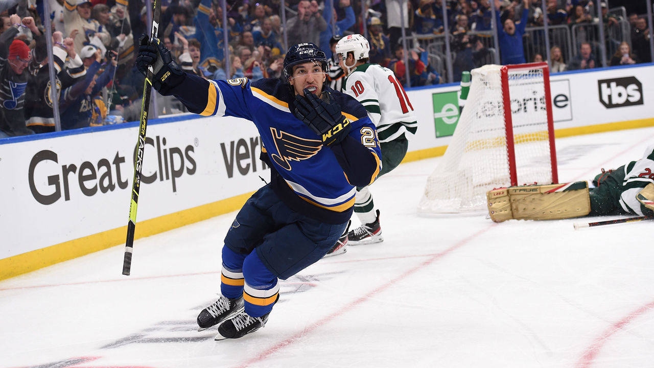 ST LOUIS, MO - MAY 08: Jordan Kyrou #25 of the St. Louis Blues reacts after scoring a goal against the Minnesota Wild in the second period of Game Four of the First Round of the 2022 Stanley Cup Playoffs at Enterprise Center on May 8, 2022 in St Louis, Missouri.