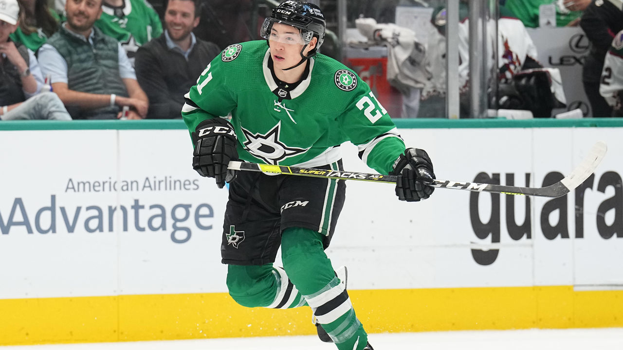 DALLAS, TX - APRIL 27: Jason Robertson #21 of the Dallas Stars skates against the Arizona Coyotes at the American Airlines Center on April 27, 2022 in Dallas, Texas.