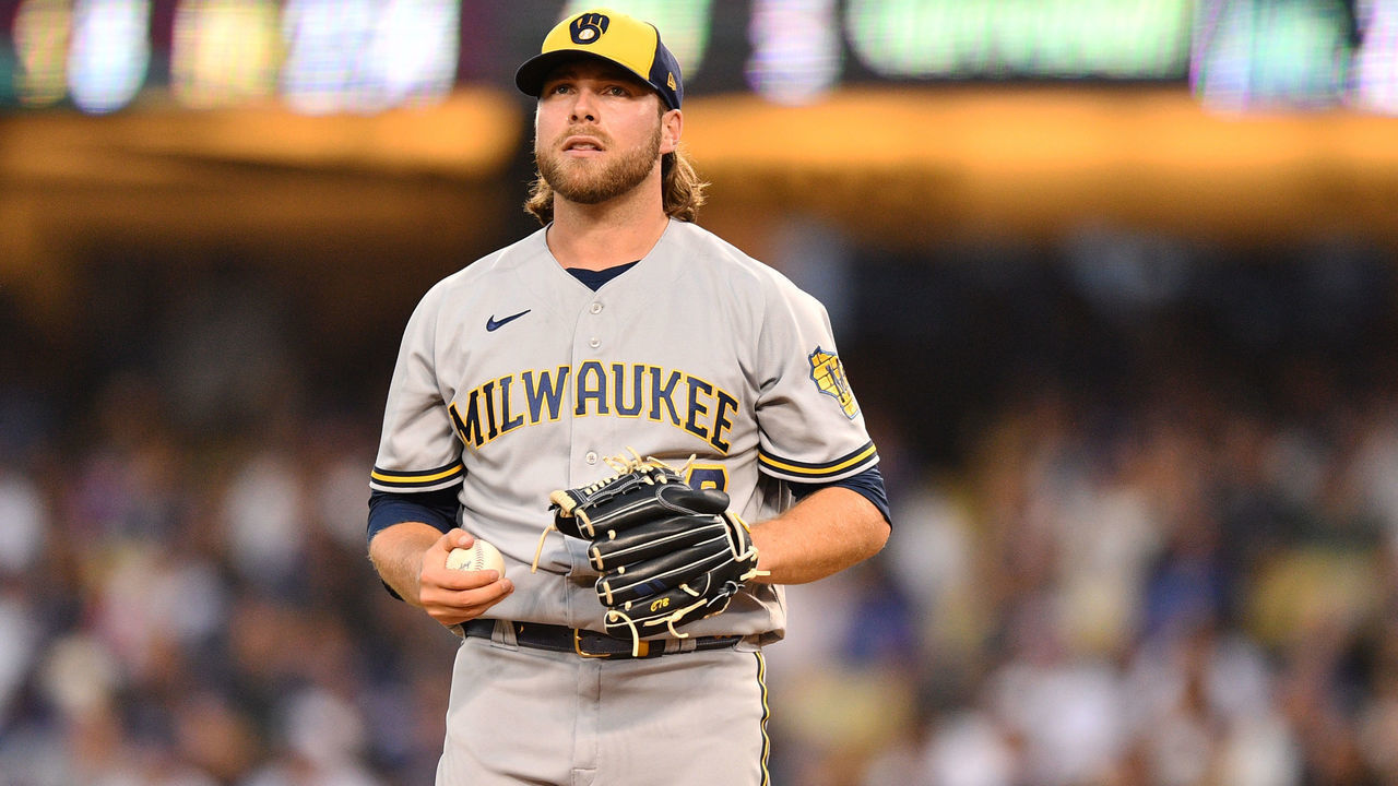 LOS ANGELES, CA - AUGUST 23: Milwaukee Brewers pitcher Corbin Burnes (39) looks on during the MLB game between the Milwaukee Brewers and the Los Angeles Dodgers on August 23, 2022 at Dodger Stadium in Los Angeles, CA.
