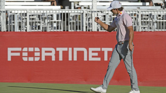 NAPA, CA - SEPTEMBER 19: Max Homa reacts to his birdie putt with a pump fist on the 17th green during the final round of the Fortinet Championship at Silverado Resort and Spa North on September 19, 2021 in Napa, California.