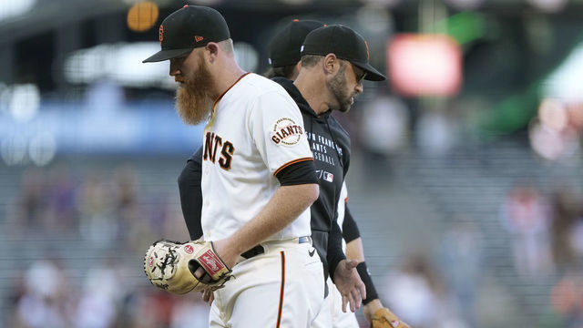 SAN FRANCISCO, CALIFORNIA - JUNE 15: Manager Gabe Kapler #19 of the San Francisco Giants takes the ball from starting pitcher Zack Littell #56 taking Littell out of the game against the Arizona Diamondbacks in the top of the first inning at Oracle Park on June 15, 2021 in San Francisco, California.