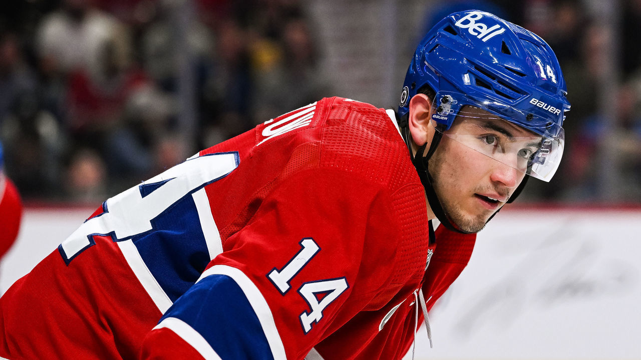 MONTREAL, QC - APRIL 24: Montreal Canadiens center Nick Suzuki (14) waits for a face-off during the Boston Bruins versus the Montreal Canadiens game on April 24, 2022 at Bell Centre in Montreal, QC