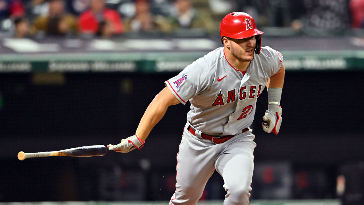CLEVELAND, OHIO - SEPTEMBER 13: Mike Trout #27 of the Los Angeles Angels reacts after flying out during the eighth inning against the Cleveland Guardians at Progressive Field on September 13, 2022 in Cleveland, Ohio.