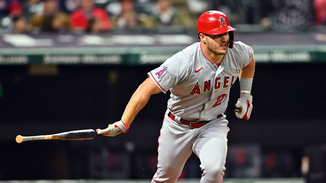 CLEVELAND, OHIO - SEPTEMBER 13: Mike Trout #27 of the Los Angeles Angels reacts after flying out during the eighth inning against the Cleveland Guardians at Progressive Field on September 13, 2022 in Cleveland, Ohio.
