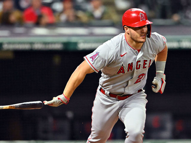 CLEVELAND, OHIO - SEPTEMBER 13: Mike Trout #27 of the Los Angeles Angels reacts after flying out during the eighth inning against the Cleveland Guardians at Progressive Field on September 13, 2022 in Cleveland, Ohio.