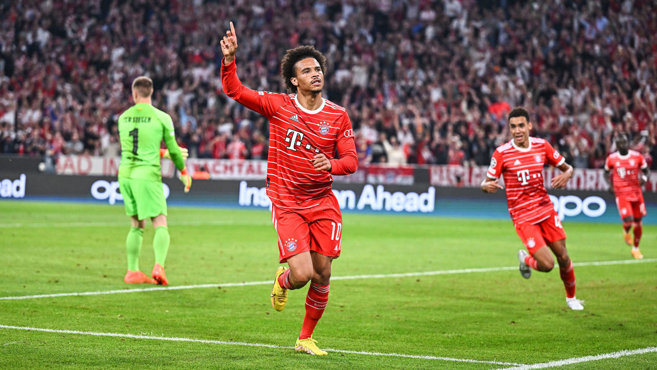MUNICH, GERMANY - SEPTEMBER 13: Leroy Sane of Bayern celebrates after scoring his team's second goal during the UEFA Champions League group C match between FC Bayern München and FC Barcelona at Allianz Arena on September 13, 2022 in Munich, Germany.