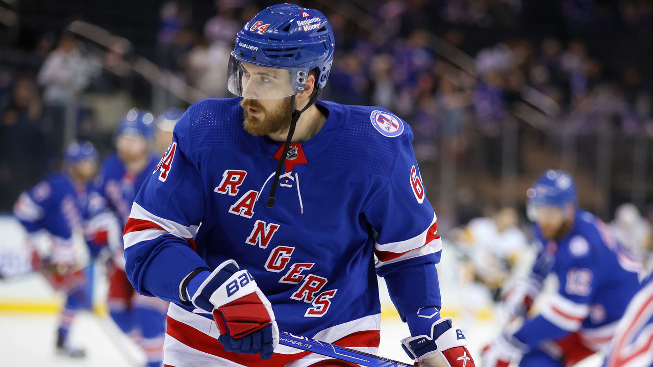 NEW YORK, NY - MAY 15: New York Rangers Left Wing Tyler Motte (64) is pictured prior to game 7 of the first round of the NHL Stanley Cup Playoffs between the Pittsburgh Penguins and the New York Rangers on May 15, 2022 at Madison Square Garden in New York, NY.