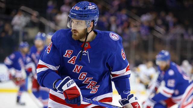 NEW YORK, NY - MAY 15: New York Rangers Left Wing Tyler Motte (64) is pictured prior to game 7 of the first round of the NHL Stanley Cup Playoffs between the Pittsburgh Penguins and the New York Rangers on May 15, 2022 at Madison Square Garden in New York, NY.