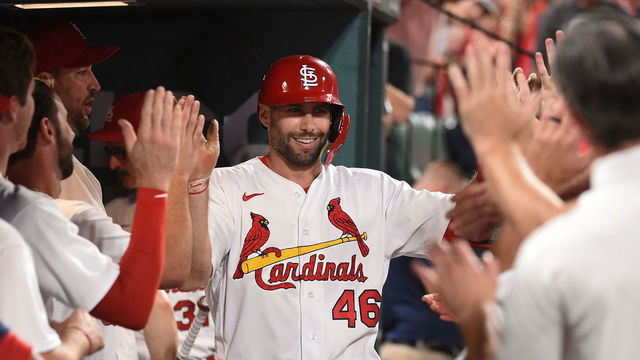 ST LOUIS, MO - SEPTEMBER 07: Paul Goldschmidt #46 of the St. Louis Cardinals is congratulated by teammates during a game against the Washington Nationals at Busch Stadium on September 7, 2022 in St Louis, Missouri.