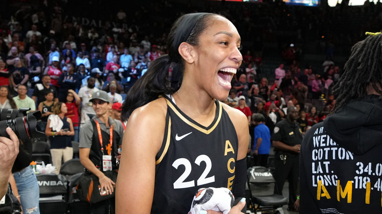 LAS VEGAS, NV - SEPTEMBER 13: A'ja Wilson #22 of the Las Vegas Aces smiles after Game 2 of the 2022 WNBA Finals on September 13, 2022 at Michelob ULTRA Arena in Las Vegas, Nevada. Mandatory Copyright Notice: Copyright 2022 NBAE