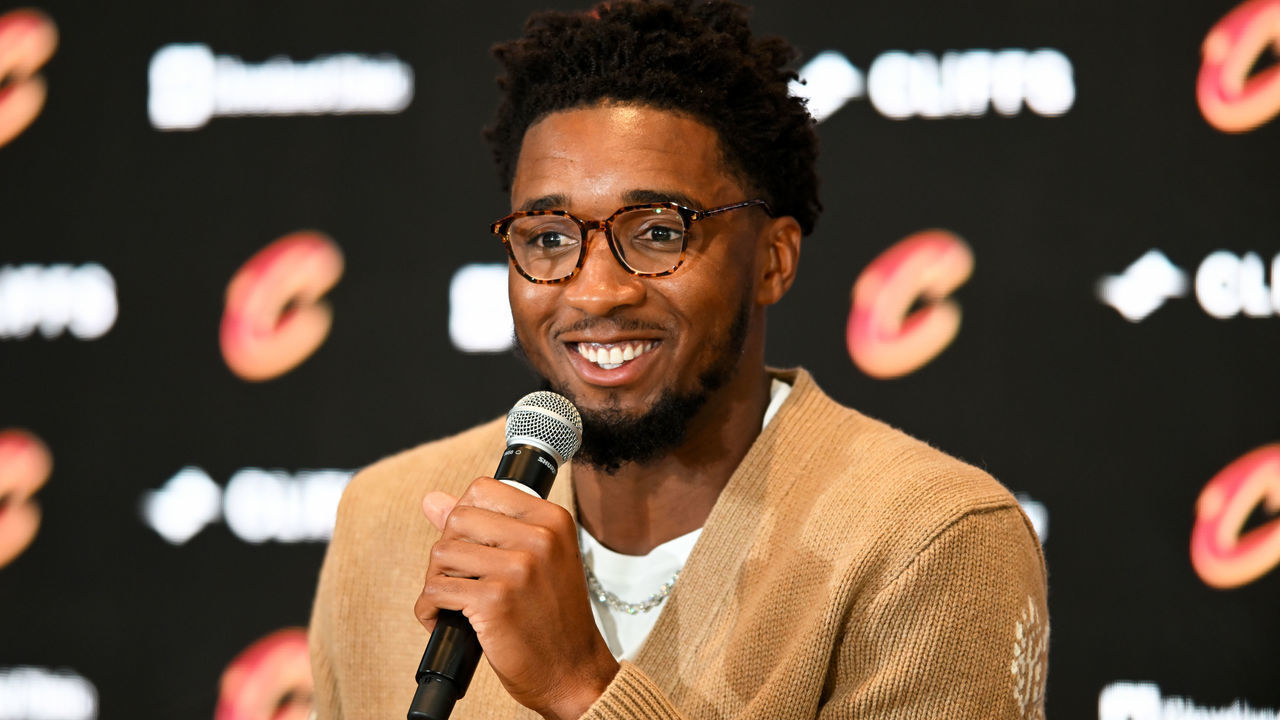 CLEVELAND, OHIO - SEPTEMBER 14: Donovan Mitchell speaks during a press conference where he was introduced at Rocket Mortgage Fieldhouse on September 14, 2022 in Cleveland, Ohio.