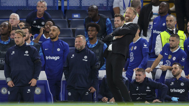 LONDON, ENGLAND - SEPTEMBER 14: Head Coach Graham Potter of Chelsea with Bjorn Hamberg, Billy Reid and Pierre-Emerick Aubameyang after his side miss a late chance during the UEFA Champions League group E match between Chelsea FC and FC Salzburg at Stamford Bridge on September 14, 2022 in London, England.