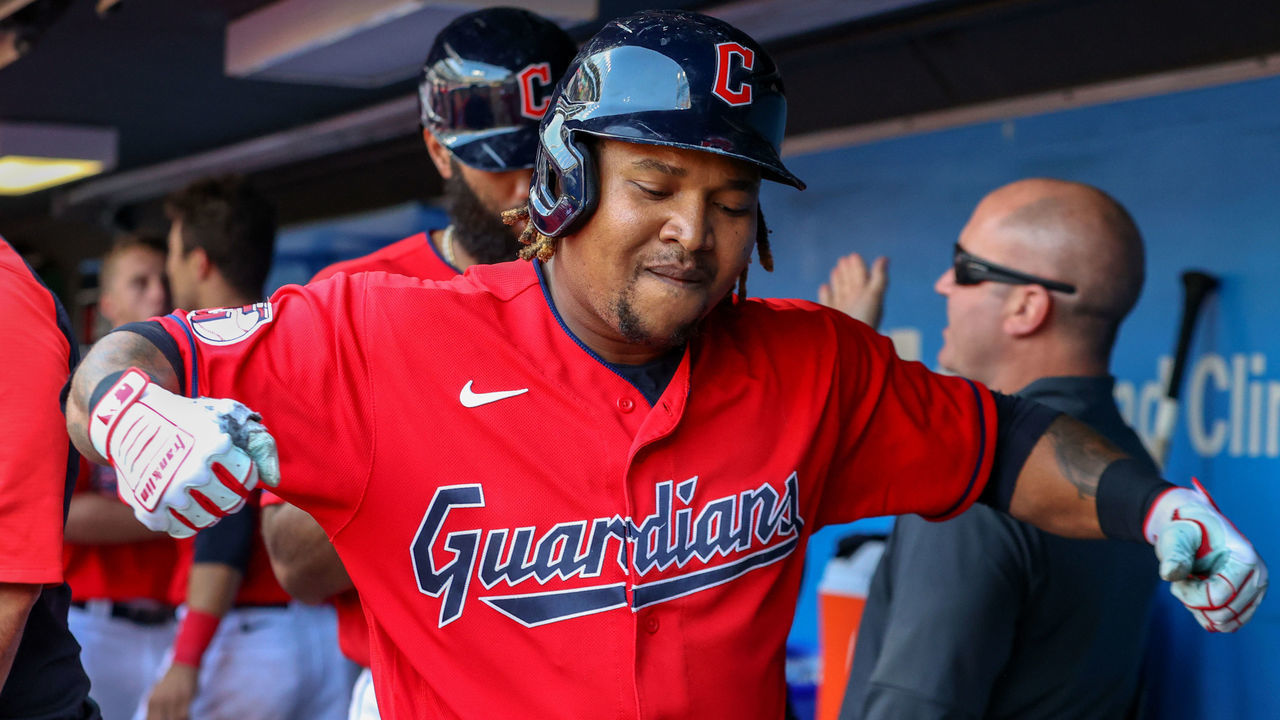 CLEVELAND, OH - SEPTEMBER 14: Cleveland Guardians third baseman Jose Ramirez (11) celebrates in the dugout after hitting a 2-run home run during the eighth inning of the Major League Baseball game between the Los Angeles Angels and Cleveland Guardians on September 14, 2022, at Progressive Field in Cleveland, OH.