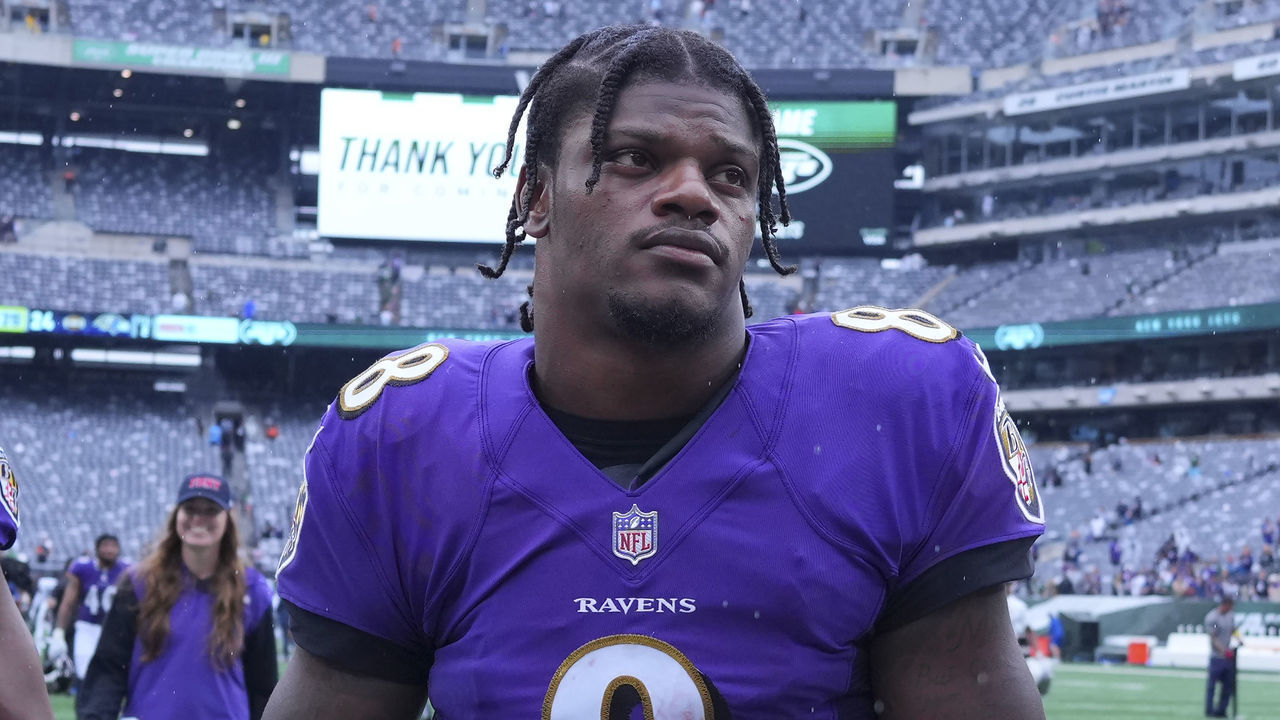 EAST RUTHERFORD, NJ - SEPTEMBER 11: Lamar Jackson #8 of the Baltimore Ravens walks off the field after the game against the New York Jets at MetLife Stadium on September 11, 2022 in East Rutherford, New Jersey.