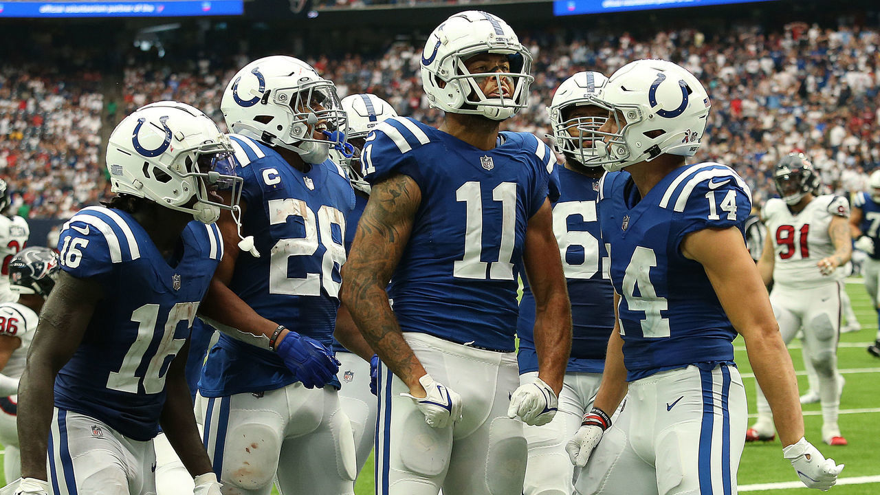 HOUSTON, TEXAS - SEPTEMBER 11: Indianapolis Colts wide receiver Michael Pittman Jr. #11 celebrates scoring a touchdown against the Houston Texans at NRG Stadium on September 11, 2022 in Houston, Texas.