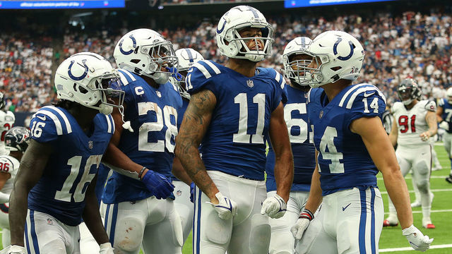 HOUSTON, TEXAS - SEPTEMBER 11: Indianapolis Colts wide receiver Michael Pittman Jr. #11 celebrates scoring a touchdown against the Houston Texans at NRG Stadium on September 11, 2022 in Houston, Texas.