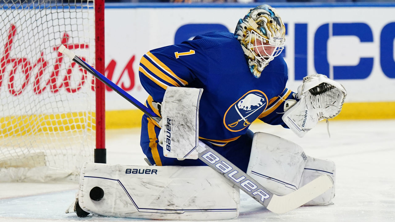 BUFFALO, NY - JANUARY 6: Ukko-Pekka Luukkonen #1 of the Buffalo Sabres takes warmup shots before an NHL game against the San Jose Sharks on January 06, 2022 at KeyBank Center in Buffalo, New York.