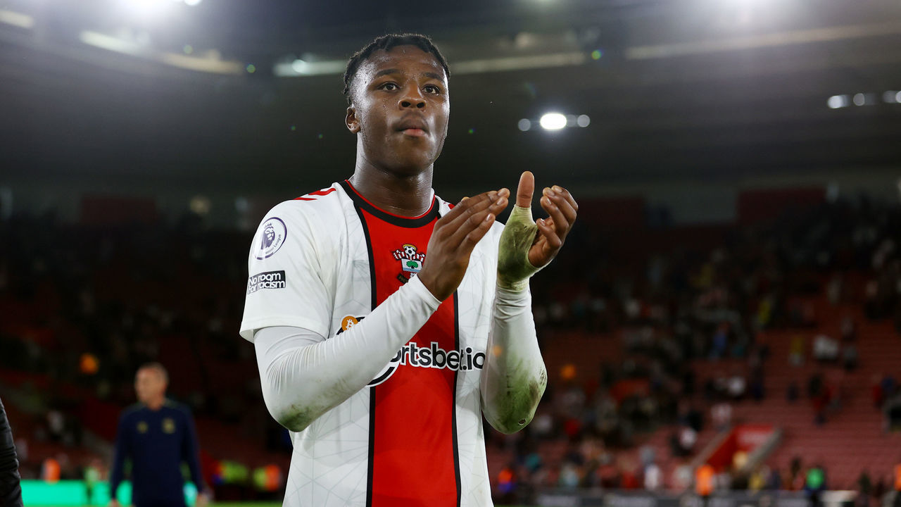 SOUTHAMPTON, ENGLAND - AUGUST 30: Armel Bella-Kotchap of Southampton during the Premier League match between Southampton FC and Chelsea FC at St. Mary's Stadium on August 30, 2022 in Southampton, England.