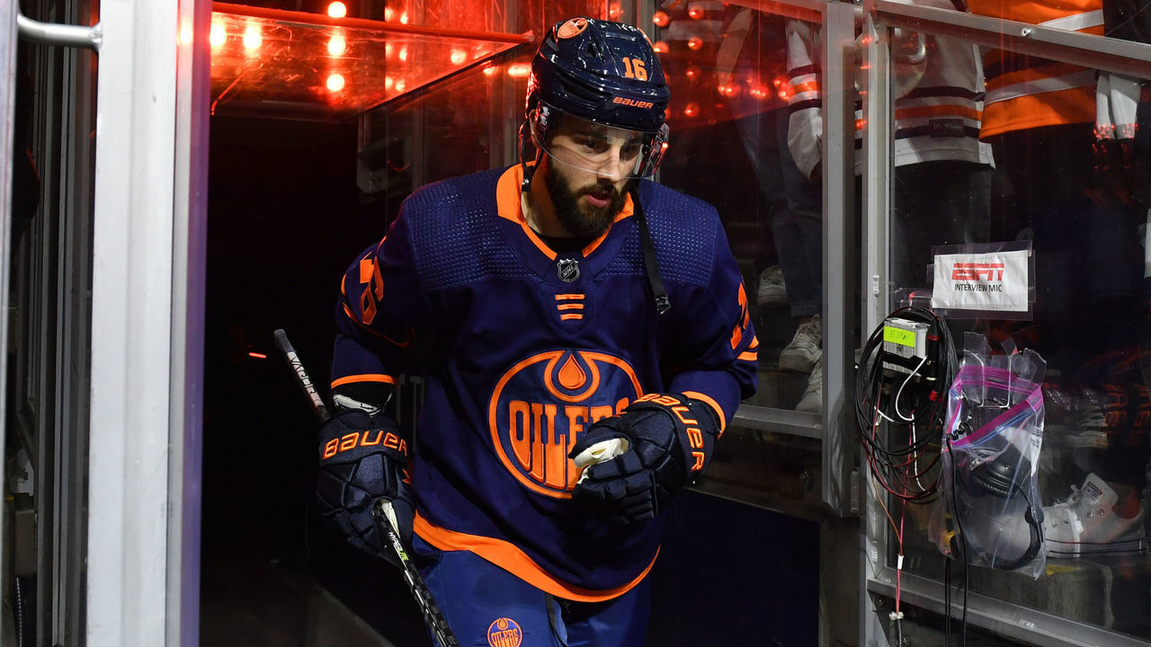 EDMONTON, AB - MAY 14: Derick Brassard #16 of the Edmonton Oilers walks to the ice prior to Game Seven of the First Round of the 2022 Stanley Cup Playoffs against the Los Angeles Kings on May 14, 2022 at Rogers Place in Edmonton, Alberta, Canada.