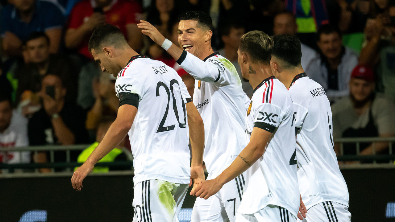 CHISINAU, MOLDOVA - SEPTEMBER 15: Cristiano Ronaldo of Manchester United celebrates scoring their second goal during the UEFA Europa League group E match between Sheriff Tiraspol and Manchester United at Stadionul Zimbru on September 15, 2022 in Chisinau, Moldova.
