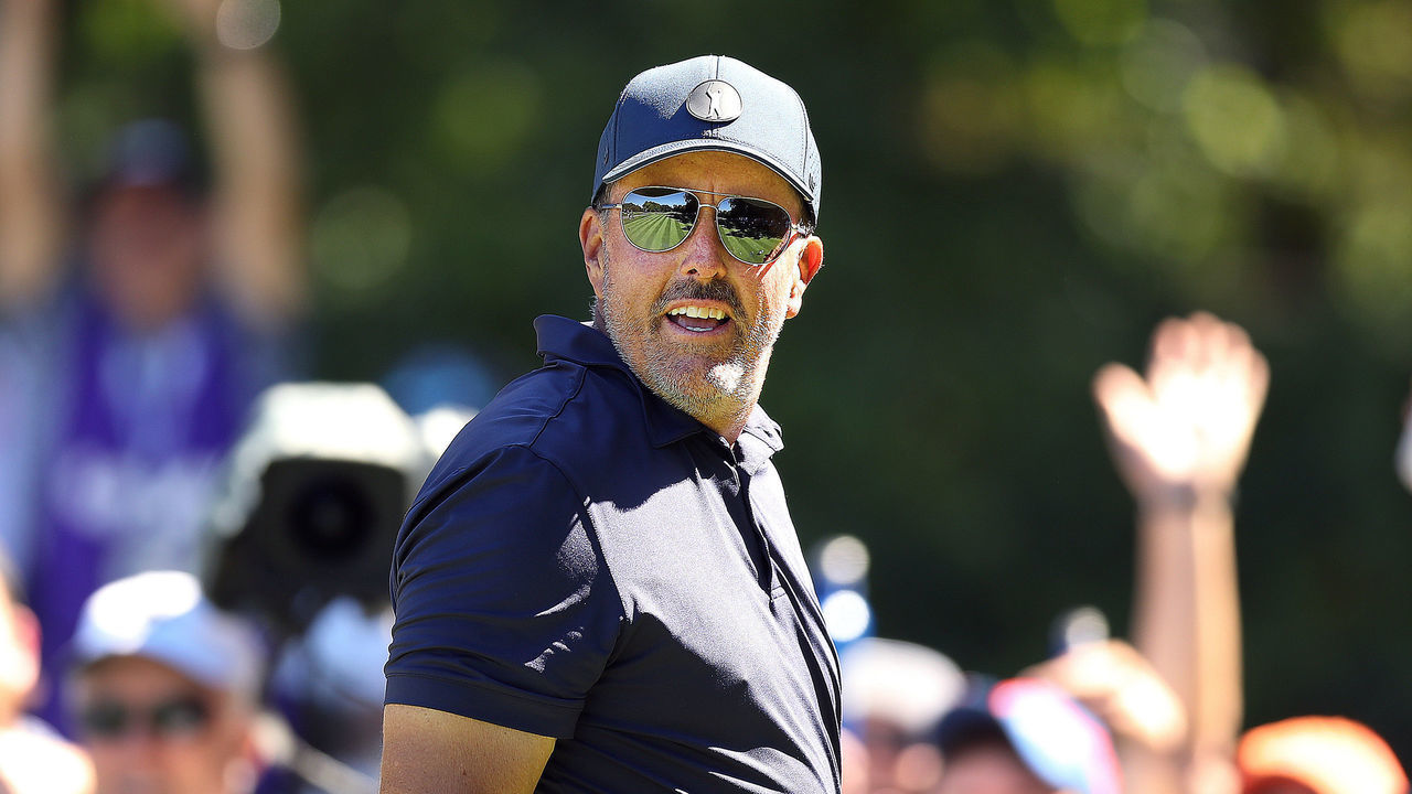 Bolton, MA - September 2: Phil Mickelson smiles as his tee shot on the 2nd hole par 3 landed within feet of the pin. The first round of the LIV Golf Boston Invitational was held on the International Golf Course.