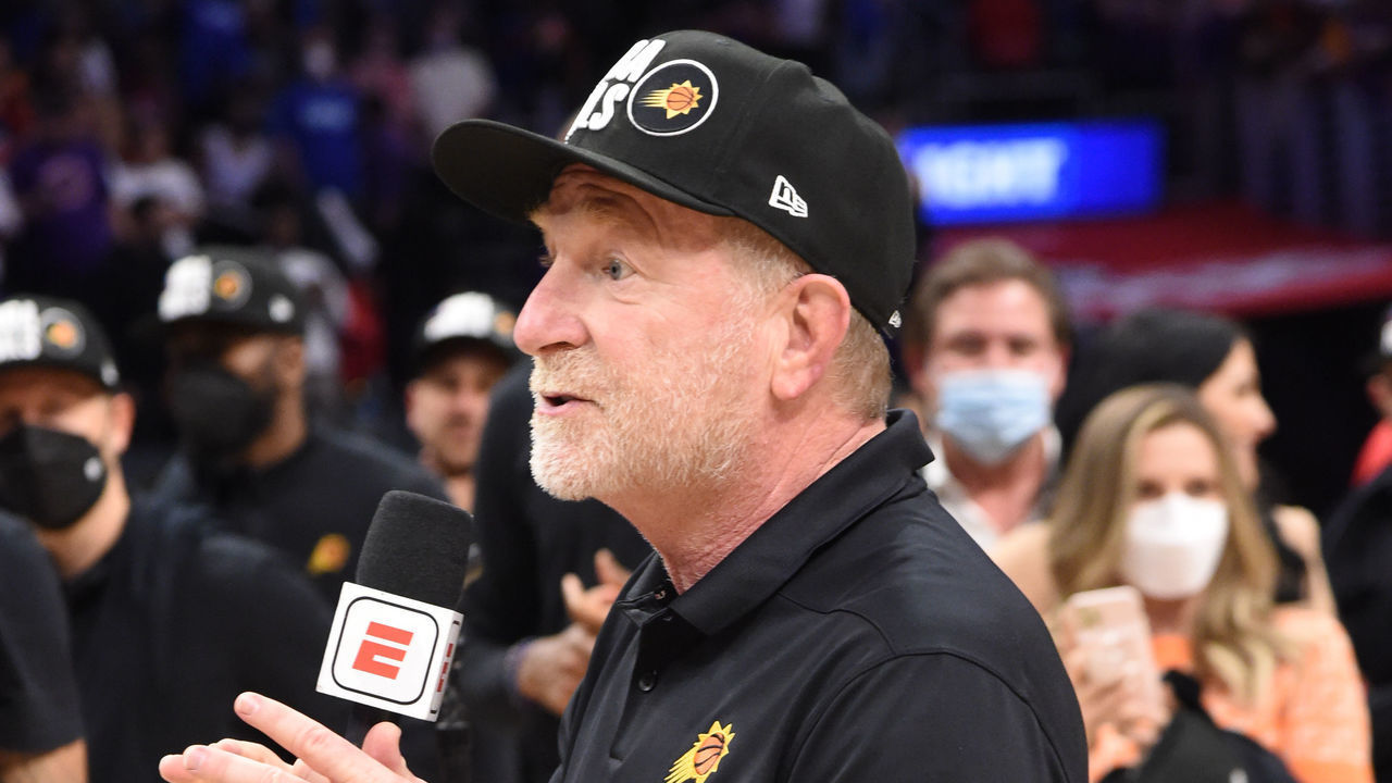 LOS ANGELES, CA - JUNE 30: Owner, Robert Sarver of the Phoenix Suns interviews after Game 6 of the Western Conference Finals of the 2021 NBA Playoffs on June 30, 2021 at STAPLES Center in Los Angeles, California. NOTE TO USER: User expressly acknowledges and agrees that, by downloading and/or using this Photograph, user is consenting to the terms and conditions of the Getty Images License Agreement. Mandatory Copyright Notice: Copyright 2021 NBAE