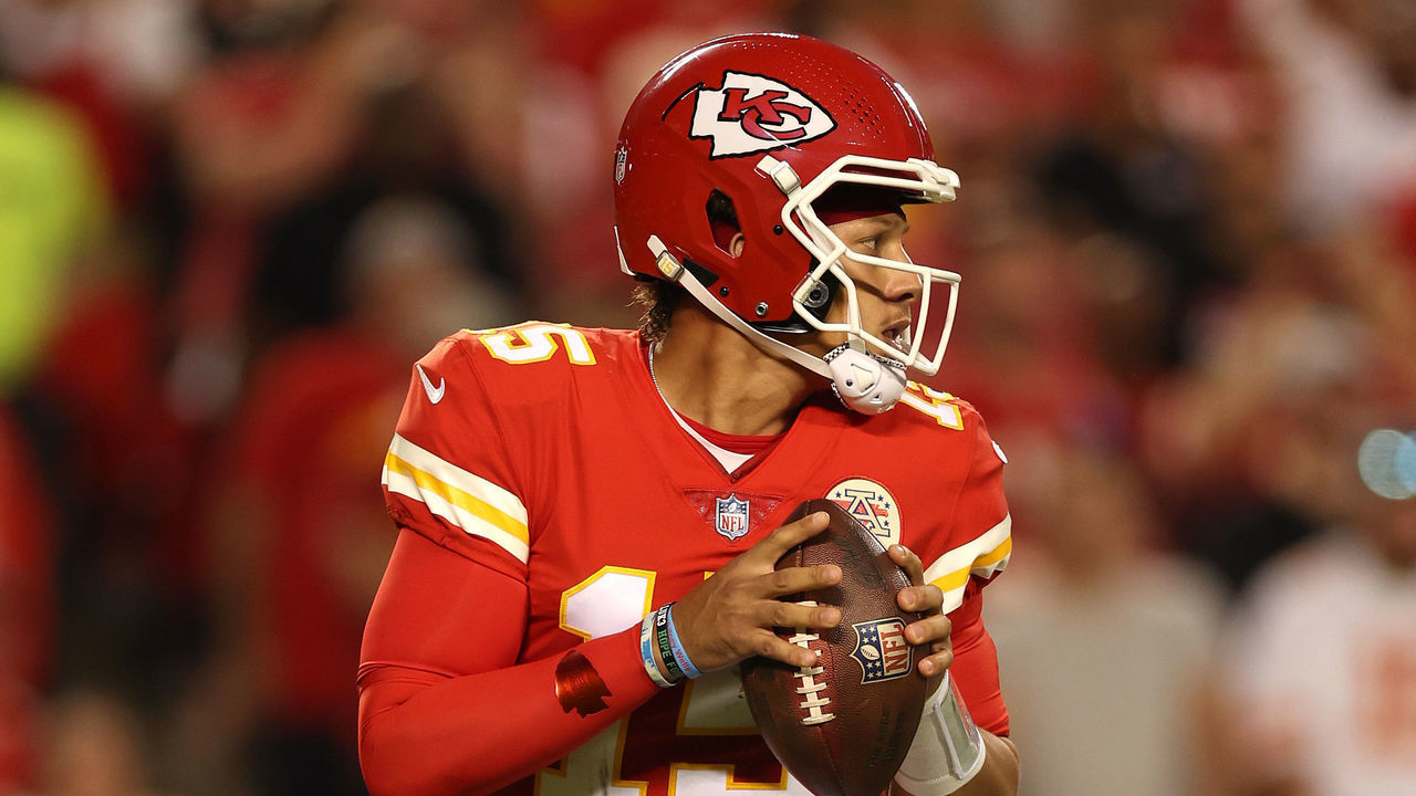 KANSAS CITY, MISSOURI - SEPTEMBER 15: Patrick Mahomes #15 of the Kansas City Chiefs drops back to pass during the first quarter against the Los Angeles Chargers at Arrowhead Stadium on September 15, 2022 in Kansas City, Missouri.