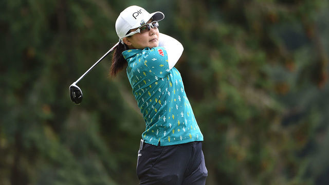 PORTLAND, OREGON - SEPTEMBER 15: Ayako Uehara of Japan hits her tee shot on the 13th hole during round one of the AmazingCre Portland Classic at Columbia Edgewater Country Club on September 15, 2022 in Portland, Oregon.