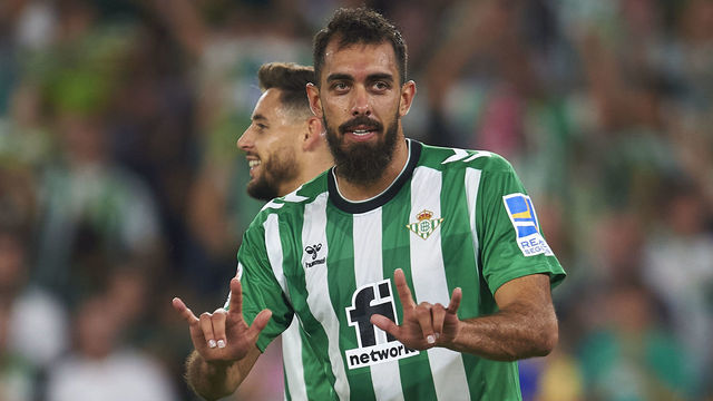 SEVILLE, SPAIN - AUGUST 15: Borja Iglesias of Real Betis celebrates after scoring his team's first goal during the LaLiga Santander match between Real Betis and Elche CF at Estadio Benito Villamarin on August 15, 2022 in Seville, Spain.