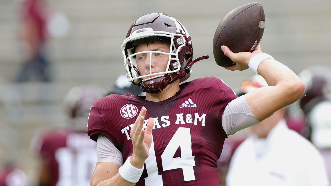 COLLEGE STATION, TEXAS - SEPTEMBER 03: Max Johnson #14 of the Texas A&M Aggies warms up prior to facing the Sam Houston State Bearkats at Kyle Field on September 03, 2022 in College Station, Texas.
