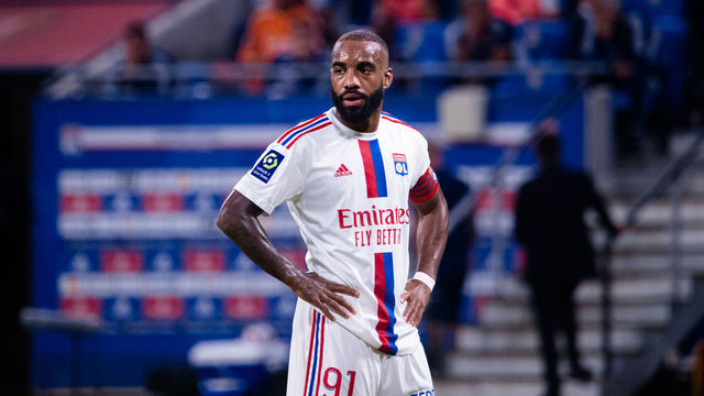 LYON, FRANCE - AUGUST 19: Alexandre Lacazette of Lyon during the Ligue 1 Uber Eats match between Olympique Lyonnais and ESTAC Troyes at Groupama Stadium on August 19, 2022 in Lyon, France.