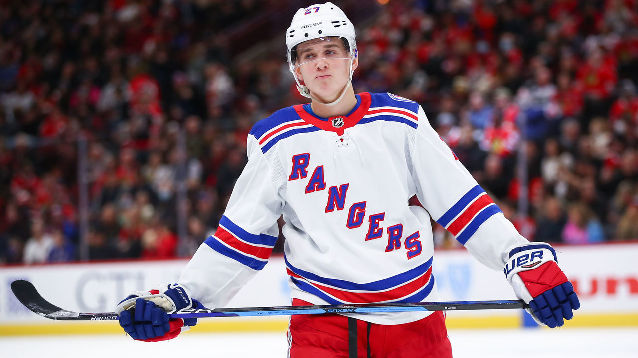CHICAGO, IL - DECEMBER 07: New York Rangers Defenceman Nils Lundkvist (27) looks on during a game between the Chicago Blackhawks and the New York Rangers on December 7, 2021 at the United Center in Chicago, IL.