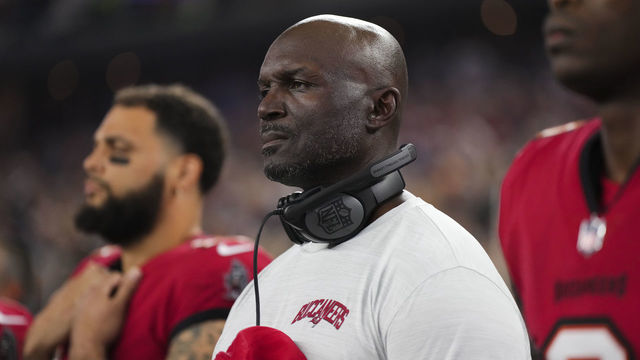 ARLINGTON, TX - SEPTEMBER 11: head coach Todd Bowles of the Tampa Bay Buccaneers looks on during the national anthem against the Dallas Cowboys at AT&T Stadium on September 11, 2022 in Arlington, TX.