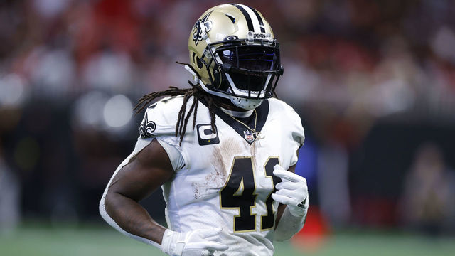 ATLANTA, GA - SEPTEMBER 11: Alvin Kamara #41 of the New Orleans Saints lines up during the second half of the game against the Atlanta Falcons at Mercedes-Benz Stadium on September 11, 2022 in Atlanta, Georgia.