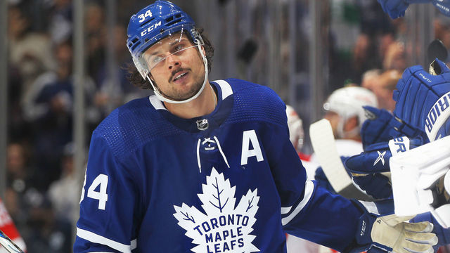 TORONTO, ON - APRIL 26: Auston Matthews #34 of the Toronto Maple Leafs celebrates his 60th goal of the season during an NHL game against the Detroit Red Wings at Scotiabank Arena on April 26, 2022 in Toronto, Ontario, Canada. The Maple Leafs defeated the Red Wings 3-0.