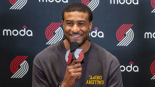 PORTLAND, OR - July 7: Gary Payton II talks to the media during the introductory press conference on July 7, 2022 in Portland, Oregon. Mandatory Copyright Notice: Copyright 2022 NBAE