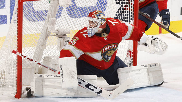 SUNRISE, FL - MAY 19: Goaltender Sergei Bobrovsky #72 of the Florida Panthers defends the net against the Tampa Bay Lightning in Game Two of the Second Round of the 2022 NHL Stanley Cup Playoffs at the FLA Live Arena on May 19, 2022 in Sunrise, Florida. The Lightning defeated the Panthers 2-1.