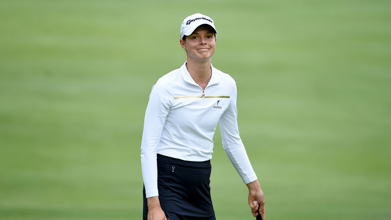 PORTLAND, OREGON - SEPTEMBER 16: Esther Henseleit of Germany reacts after sinking her birdie putt on the sixth hole during round two of the AmazingCre Portland Classic at Columbia Edgewater Country Club on September 16, 2022 in Portland, Oregon.