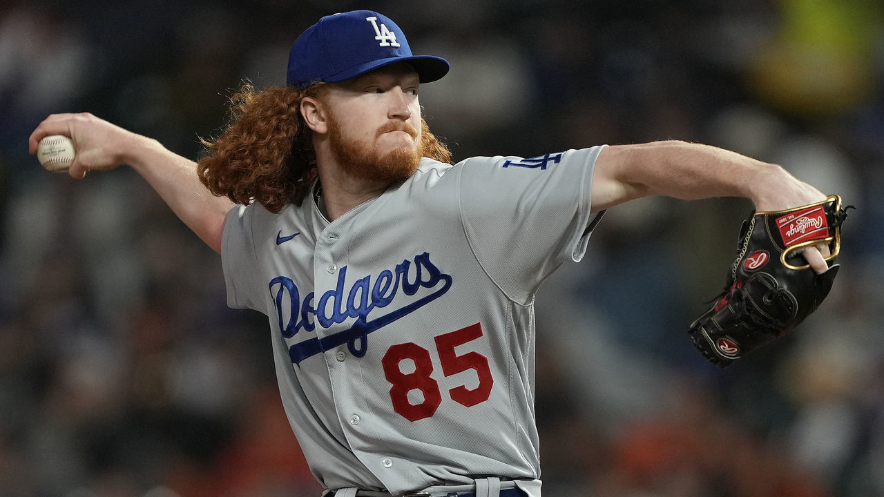 SAN FRANCISCO, CALIFORNIA - SEPTEMBER 16: Dustin May #85 of the Los Angeles Dodgers pitches against the San Francisco Giants in the bottom of the first inning at Oracle Park on September 16, 2022 in San Francisco, California.
