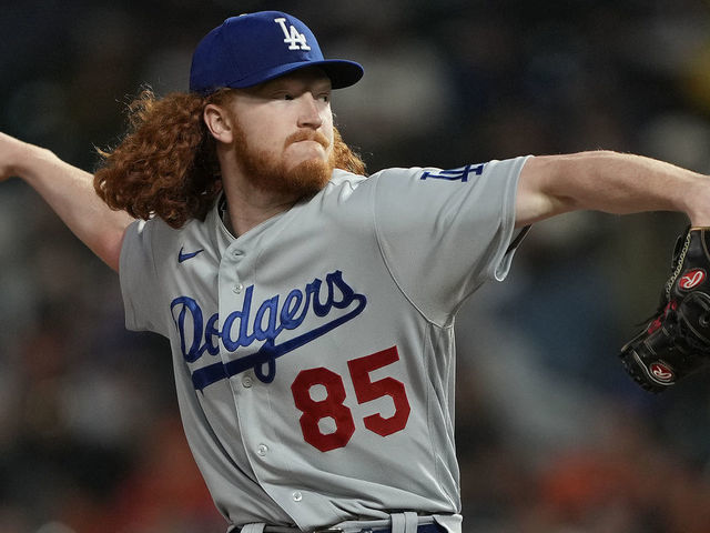 SAN FRANCISCO, CALIFORNIA - SEPTEMBER 16: Dustin May #85 of the Los Angeles Dodgers pitches against the San Francisco Giants in the bottom of the first inning at Oracle Park on September 16, 2022 in San Francisco, California.